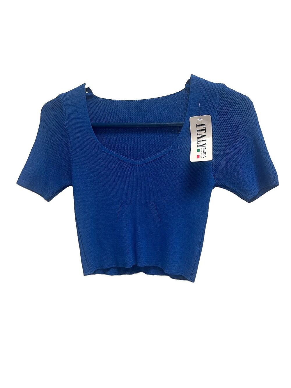 Italy Moda Made in Italy Blue Ribbed Knit Crop Top Short Sleeve Stretch XS-S Fit